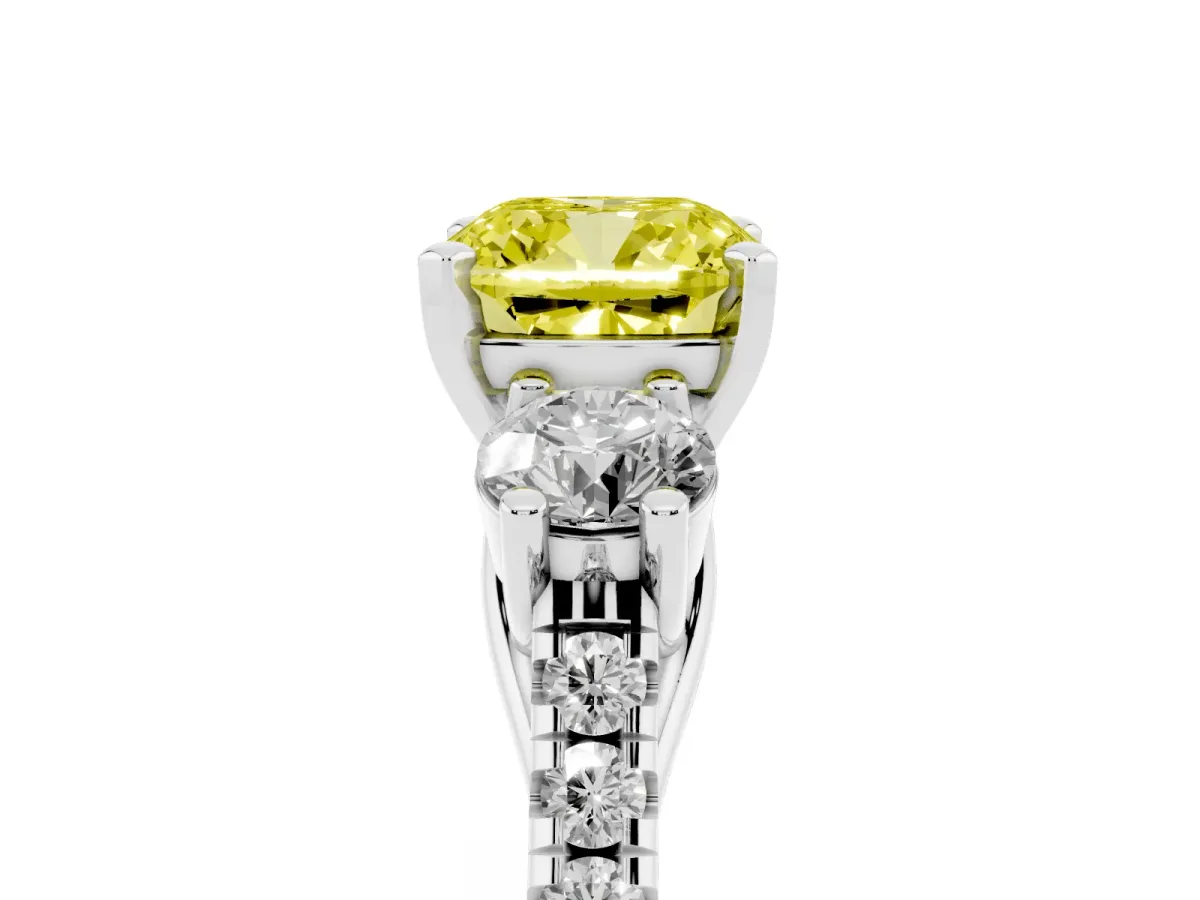 Fancy Yellow Three-Stone Cushion Cut Diamond Pavé Band with Four-Prong Setting Silver