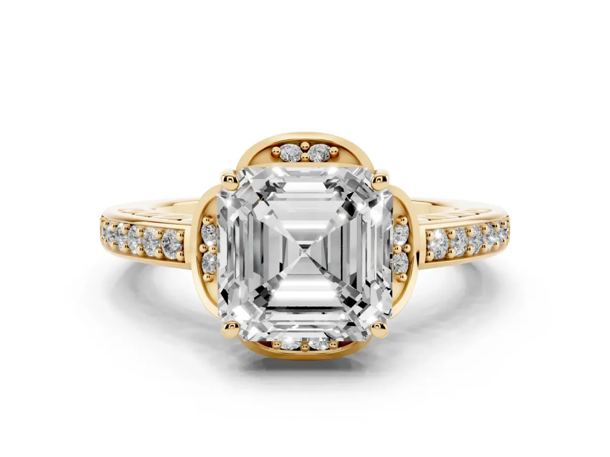 Asscher Cut Cut Halo Diamond Ring with Channel Set Band and Four-Prong Setting Yellow gold