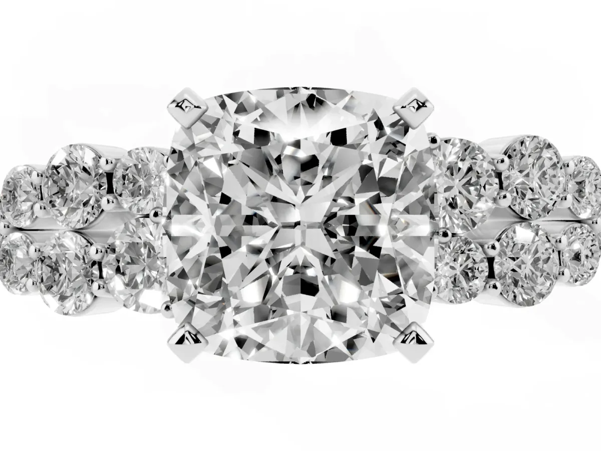 Cushion Cut Cluster Diamond Engagement Ring with Pavé Band and Four-Prong Setting Silver
