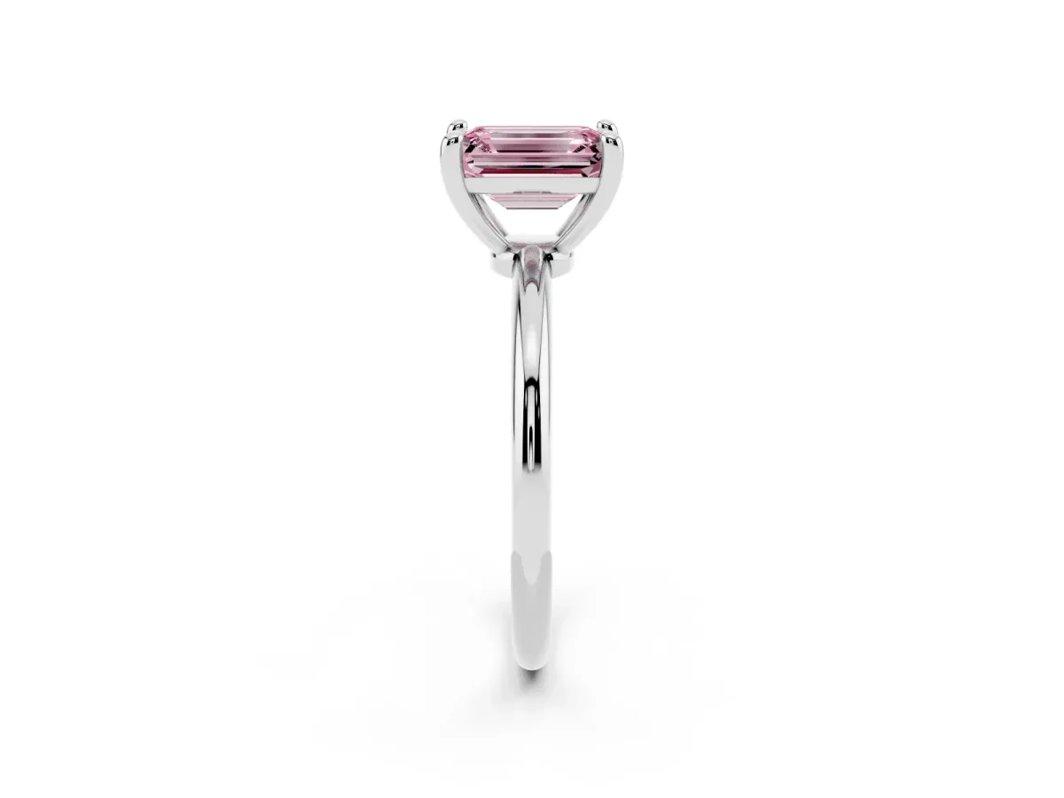 Fancy Pink Emerald Cut Solitaire Diamond Ring with 4-Prong Setting on a Classic Band Silver