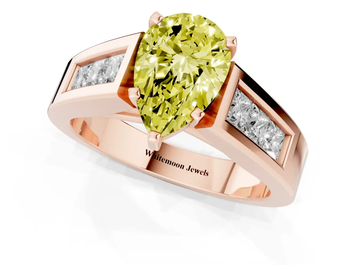 Fancy Yellow Pear Cut Cut Channel Set Solitaire Ring with Four-Prong Setting Rose gold