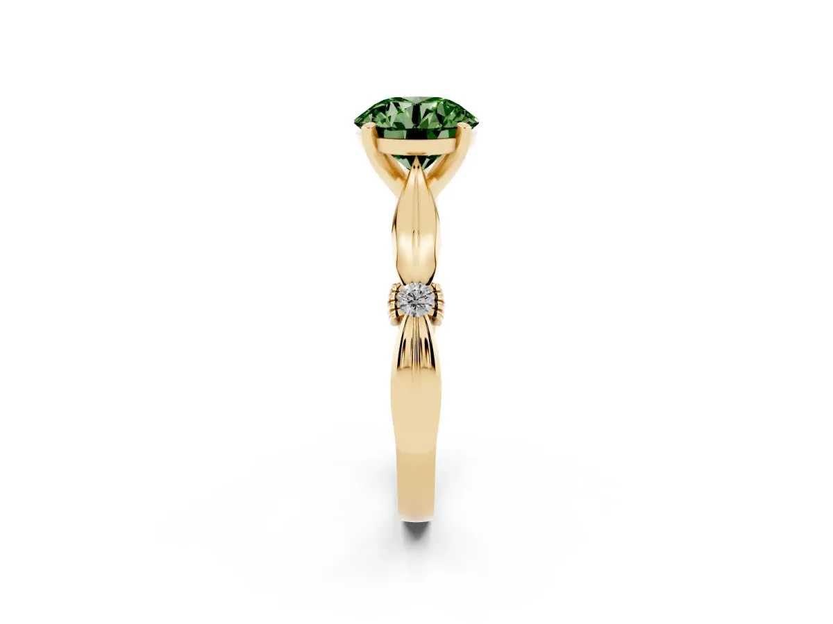 Fancy Green Round Cut Solitaire Diamond Twisted Band with Four-Prong Setting Yellow gold