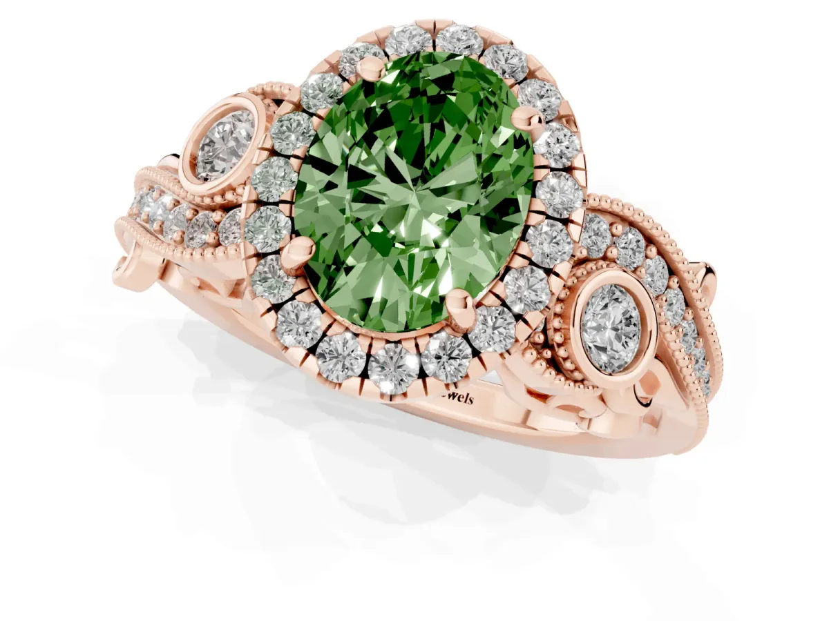 Fancy Green Oval Cut Diamond Halo Ring with Milgrain Pavé Band and Four-Prong Setting Rose gold