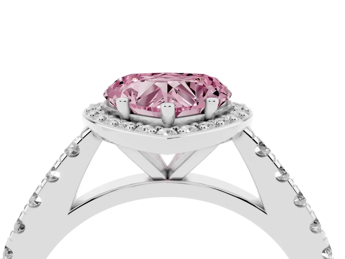 Fancy Pink Heart Cut Cut Halo Diamond Engagement Ring with Pave Band and Four-Prong Setting Silver