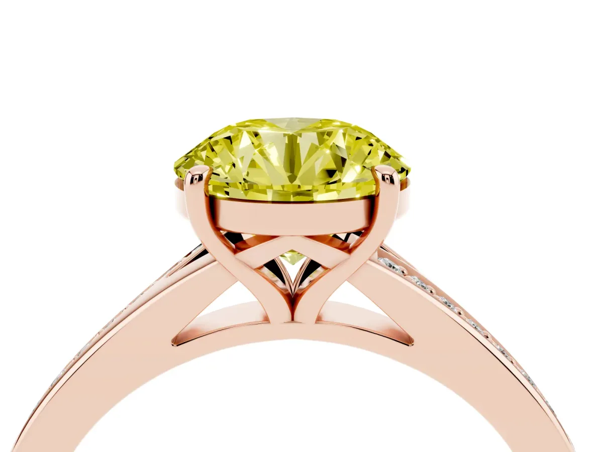 Fancy Yellow Round Cut Diamond Solitaire Ring with Pavé Band and Prong Setting Rose gold