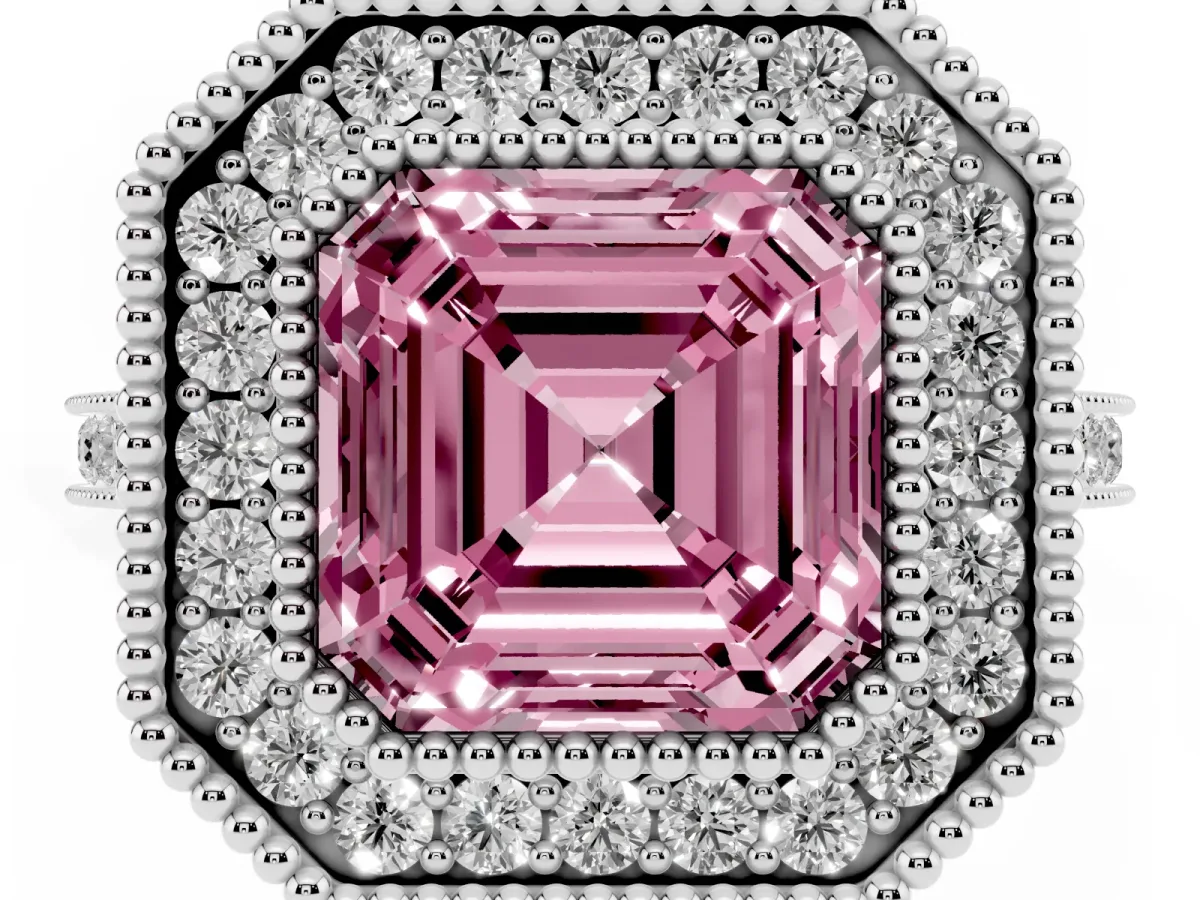 Fancy Pink Asscher Cut Diamond Halo Ring with Milgrain Frame and Pavé Band Silver