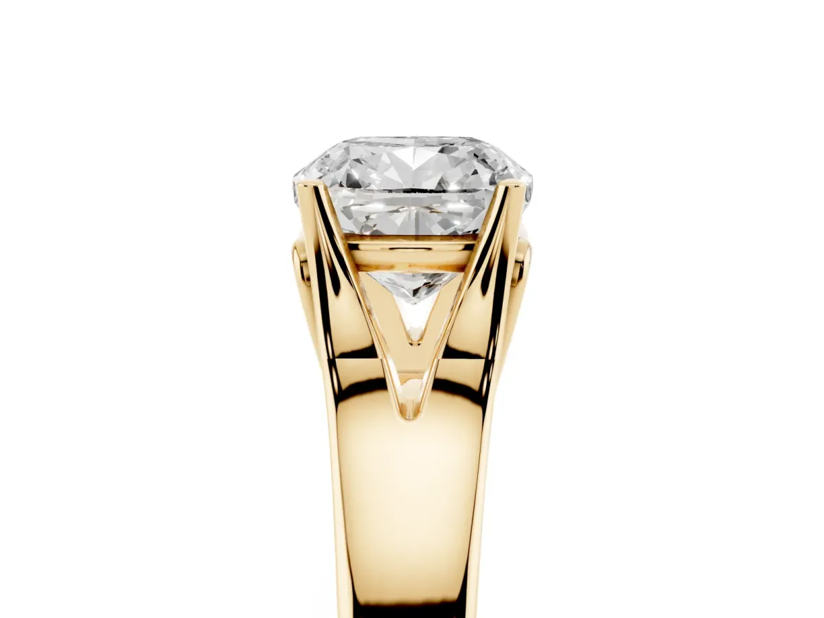 Cushion Cut Solitaire Diamond Ring with Cathedral Band and Four-Prong Setting Yellow gold