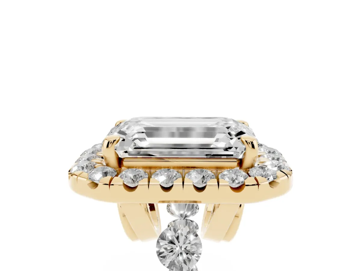 Emerald Cut Halo Pavé Diamond Engagement Ring with Four-Prong Setting Yellow gold