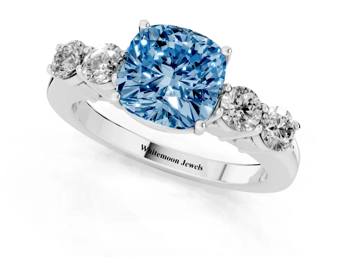 Fancy Blue Cushion Cut Cut Diamond Five-Stone Prong Set White Gold Ring Silver