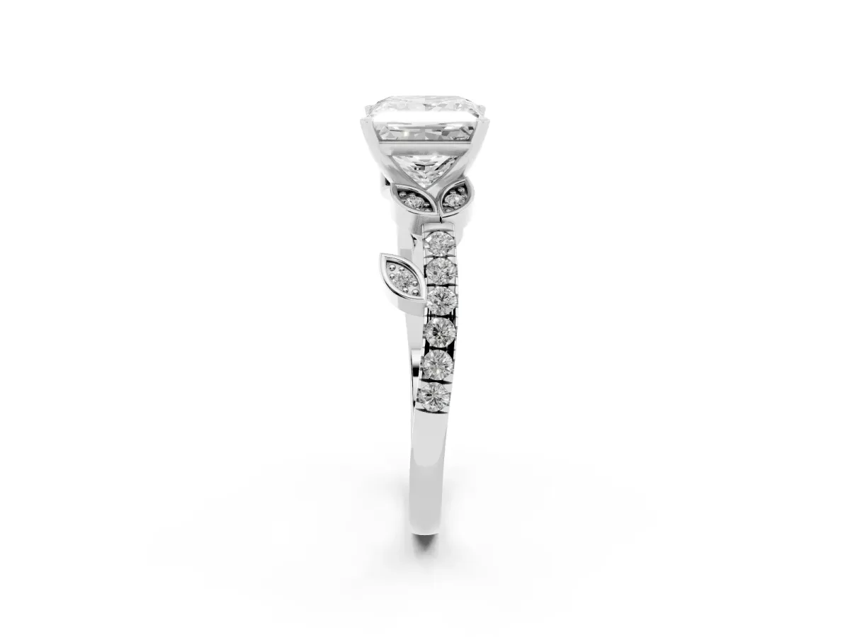 Princess Cut Solitaire Leaf-Inspired Diamond Ring with Pavé Band and Four-Prong Setting Silver