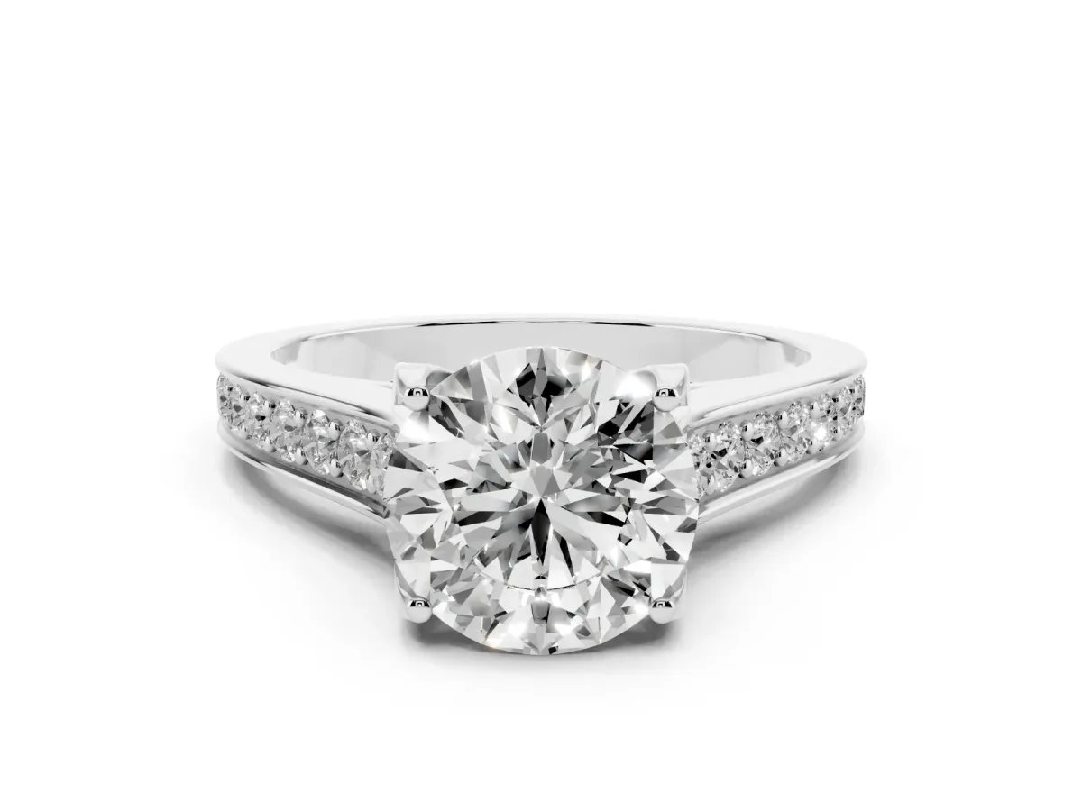 Round Cut Brilliant Cut Diamond Engagement Ring with Pavé Band and Four-Prong Setting Platinum