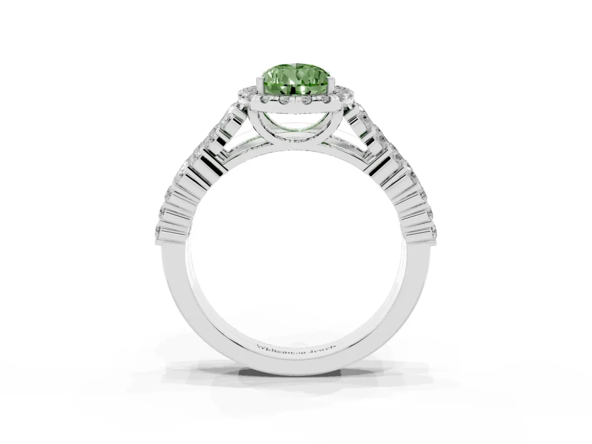 Fancy Green Pear Cut Diamond Halo Engagement Ring with Triple Row Round Pavé Band and Prong Setting Silver