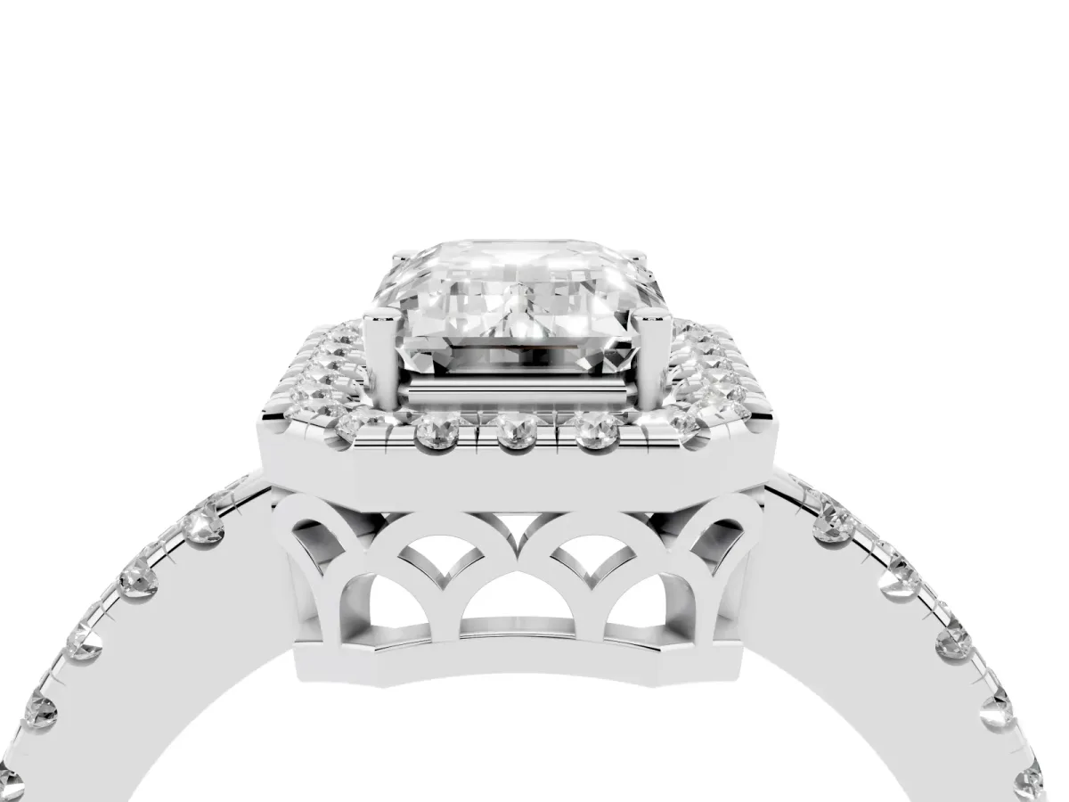 Emerald Cut Halo Diamond Engagement Ring with Pavé Band and Four-Prong Setting Silver
