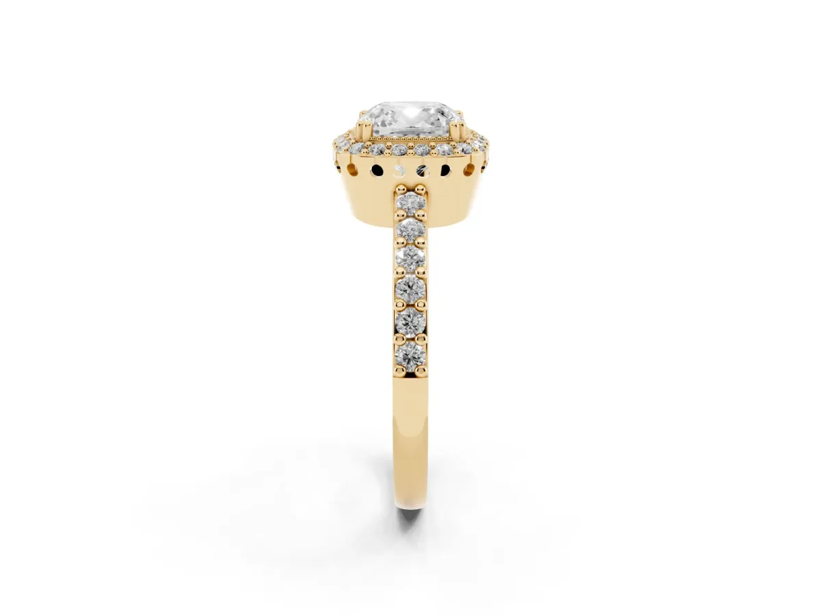 Cushion Cut Cut Diamond Halo Engagement Ring with Milgrain Detail and Pavé Band Yellow gold