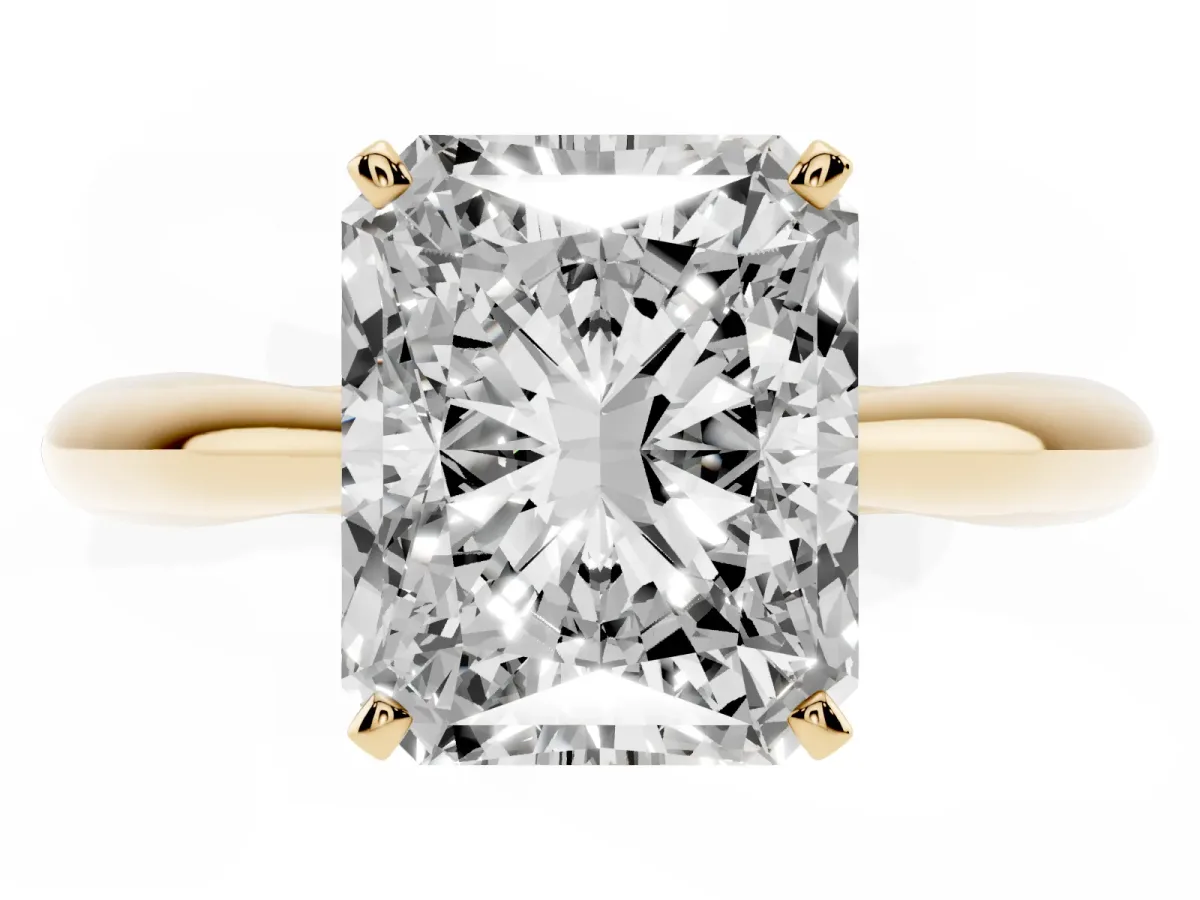 Radiant Cut Diamond Solitaire Engagement Ring with Cathedral Setting and Four-Prong Mount Yellow gold