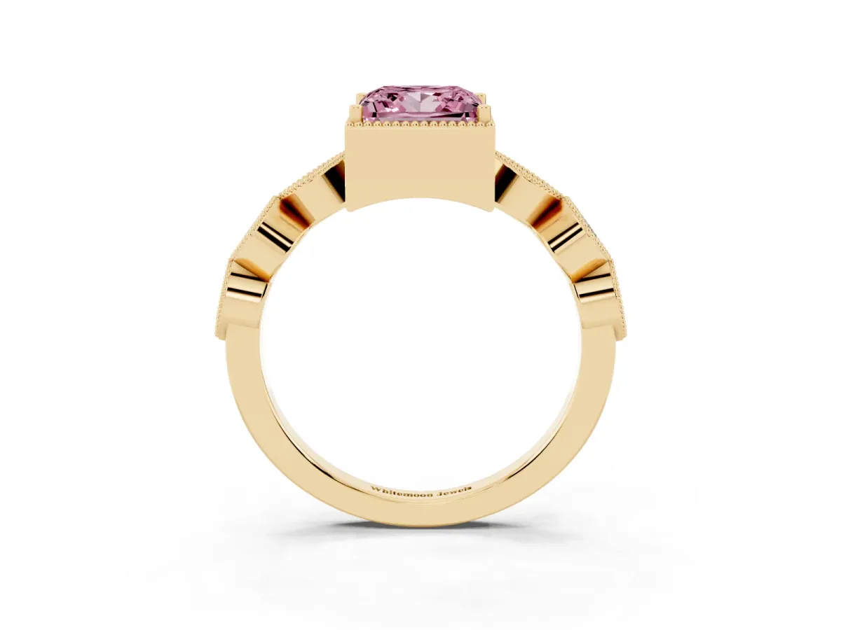 Fancy Pink Princess Cut Diamond Vintage Milgrain Ring with Round Stations Yellow gold