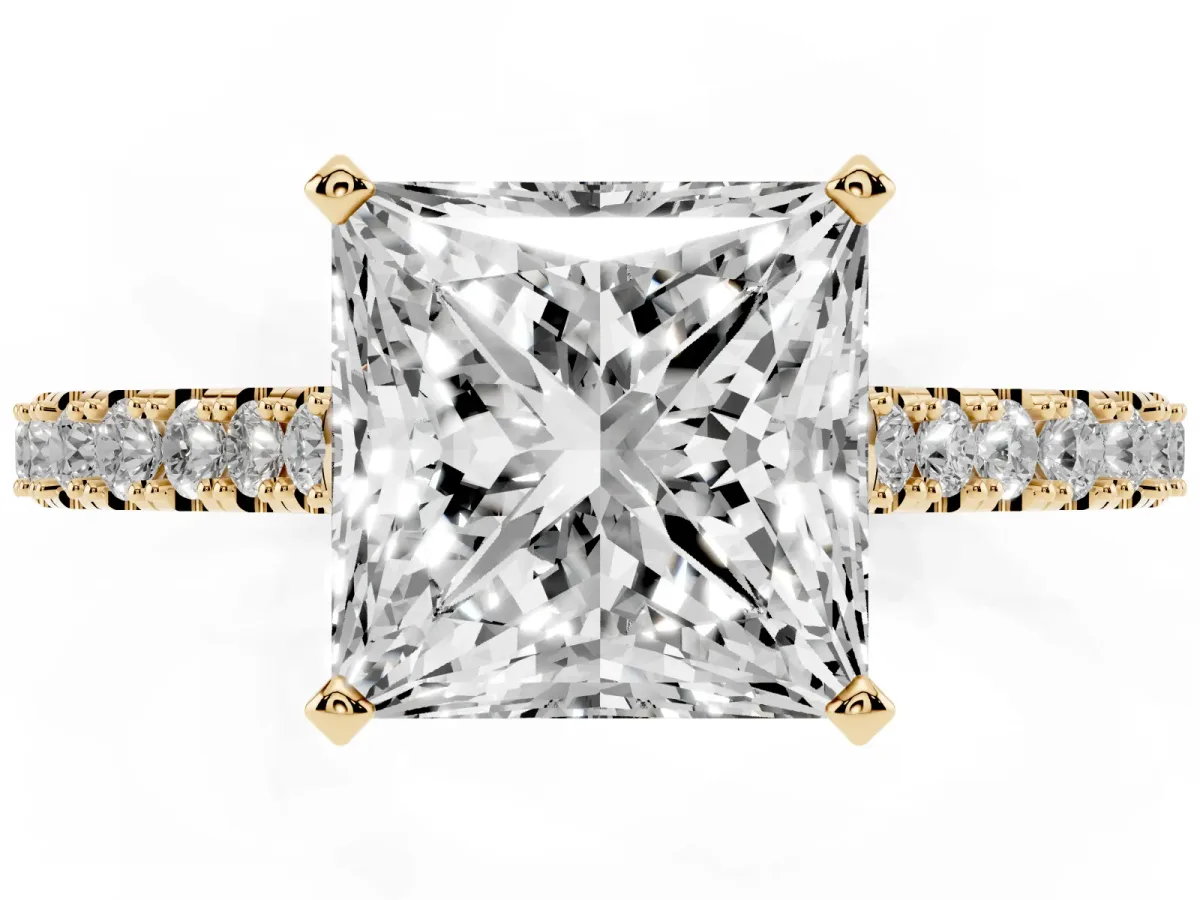 Princess Cut Cut Solitaire Diamond Engagement Ring with Pave Band and Four-Prong Setting Yellow gold