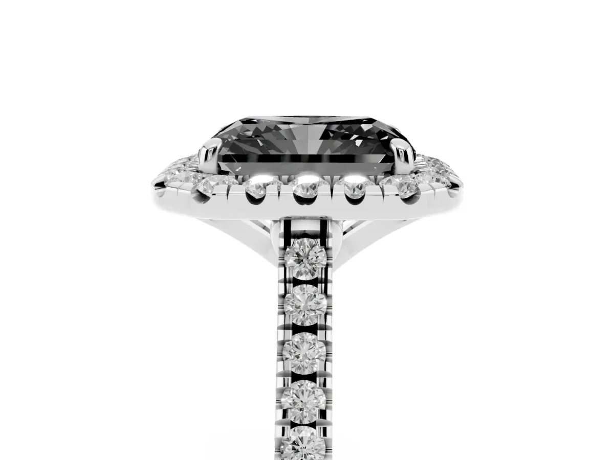 Fancy Black Radiant Cut Diamond Cushion Halo Ring with Pavé Band Silver