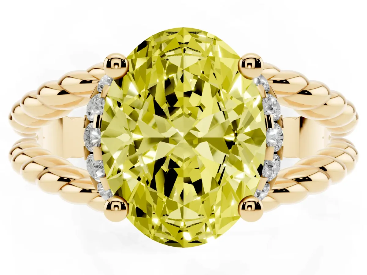 Fancy Yellow Oval Cut Halo Twisted Band Four-Prong Ring Yellow gold