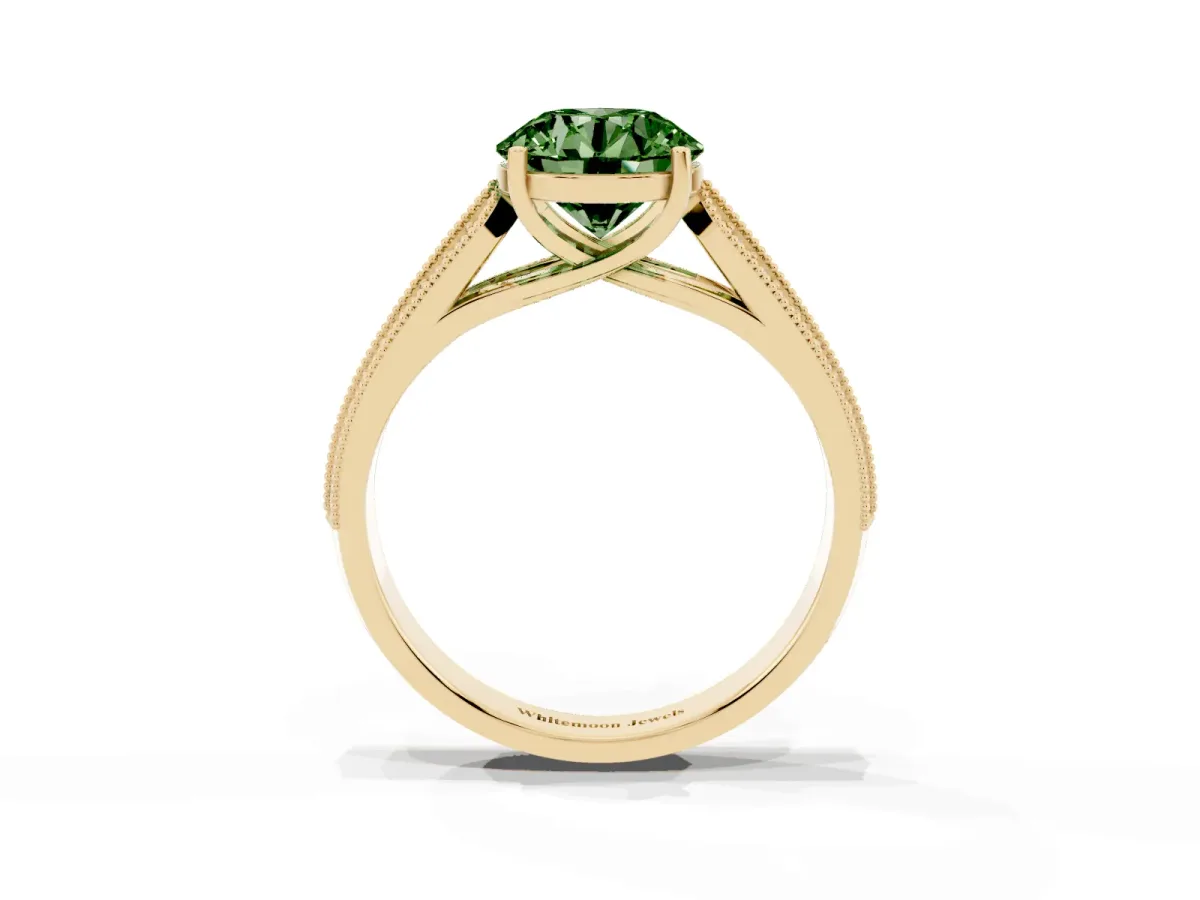 Fancy Green Round Cut Cut Pave Split Shank Engagement Ring with Four-Prong Setting Yellow gold