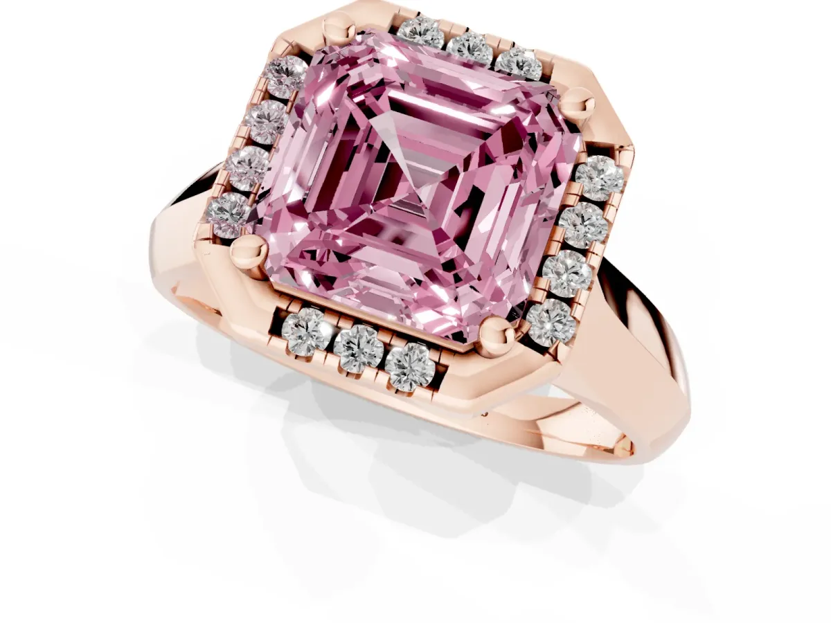Fancy Pink Asscher Cut Cut Halo Solitaire Engagement Ring with Square Band and Four-Prong Setting Rose gold