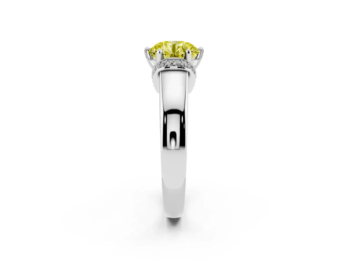 Fancy Yellow Round Cut Solitaire Diamond Ring with Pave Band and Six-Prong Setting Silver