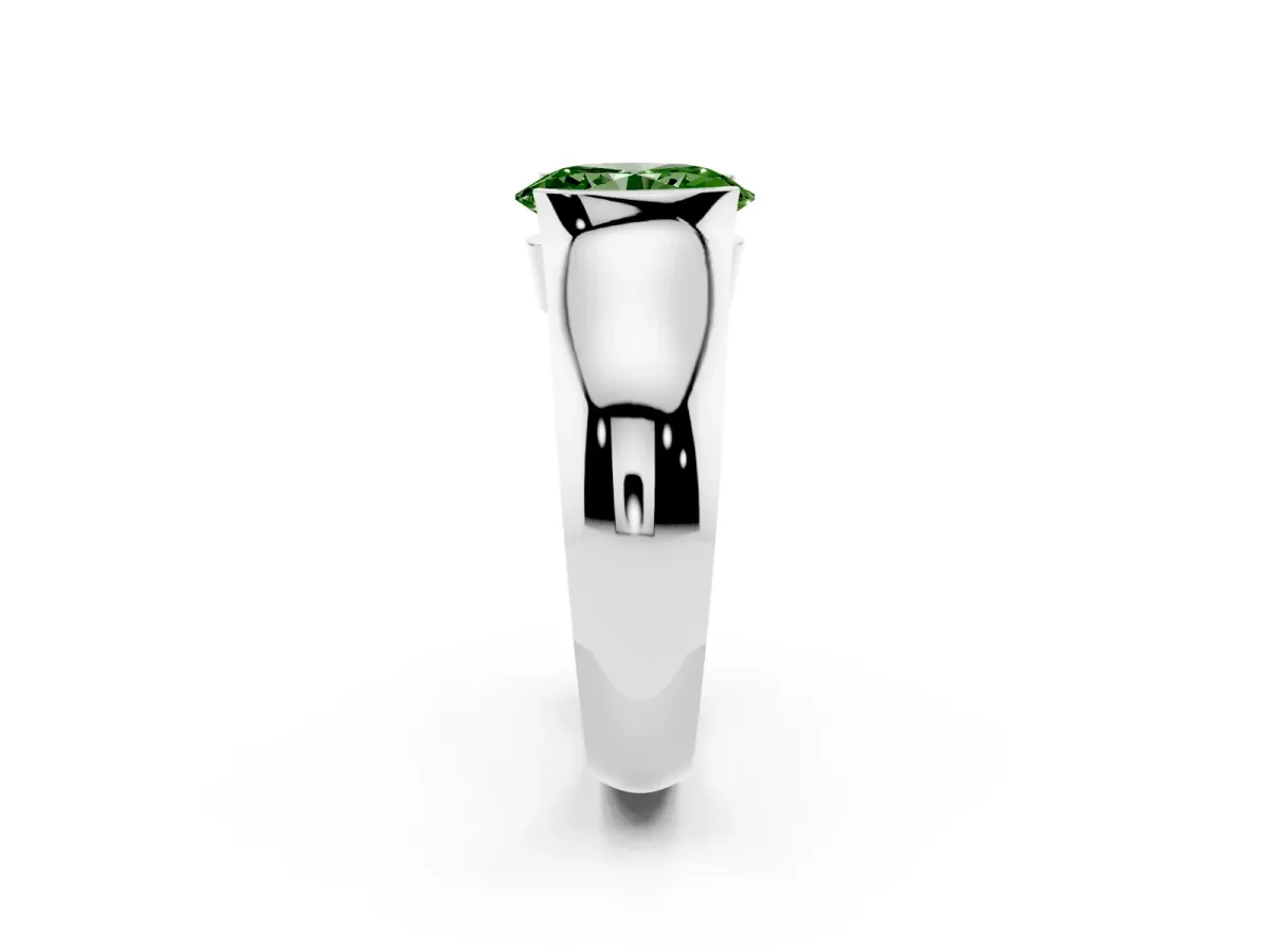 Fancy Green Oval Cut Solitaire Bezel Set Diamond Ring with Wide Band Platinum