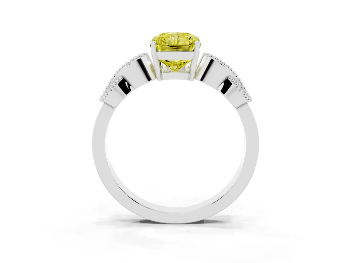 Fancy Yellow Princess Cut Solitaire Milgrain Leaf Band with Prong Setting Silver