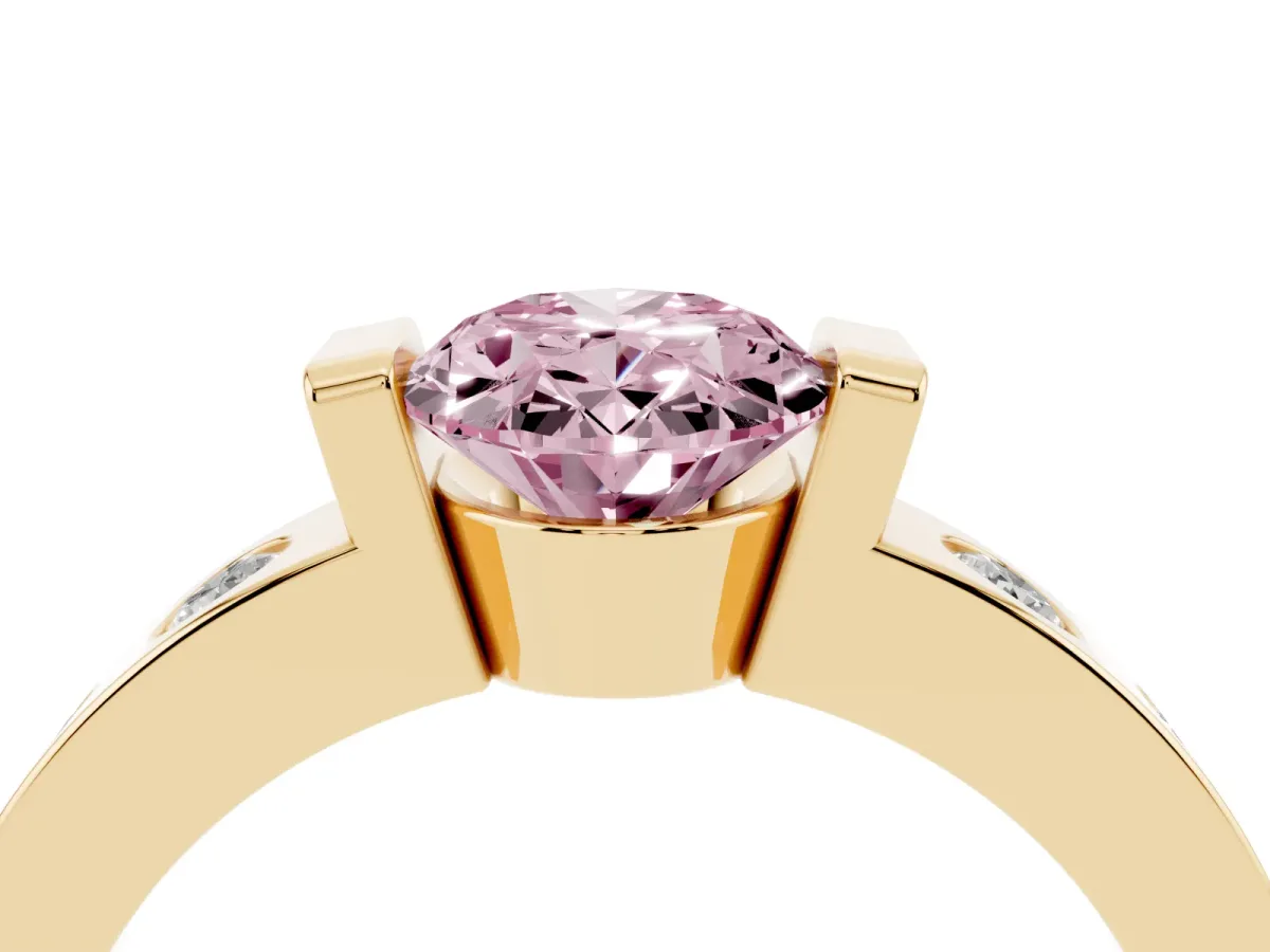 Fancy Pink Oval Cut Brilliant Channel-Set Diamond Ring with Bezel Prong Setting Yellow gold