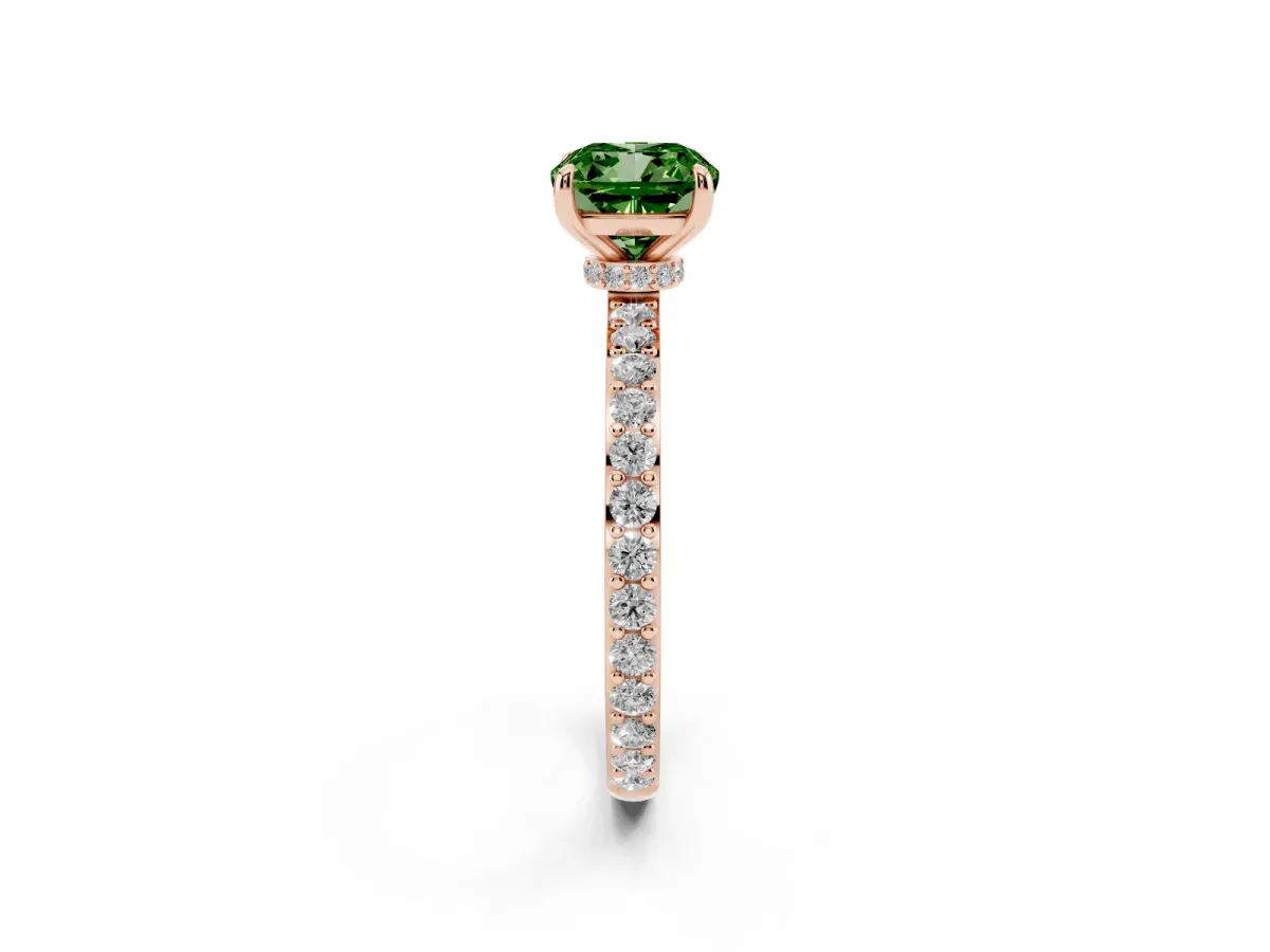 Fancy Green Cushion Cut Diamond Solitaire Engagement Ring with Pavé Band and Four-Prong Setting Rose gold