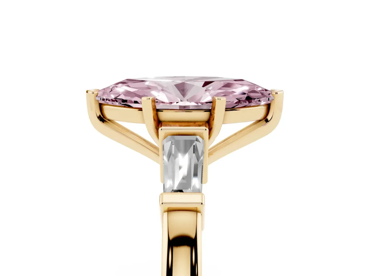 Fancy Pink Marquise Cut Cut Diamond Solitaire Ring with Tapered Baguette Accents and Four-Prong Setting Yellow gold