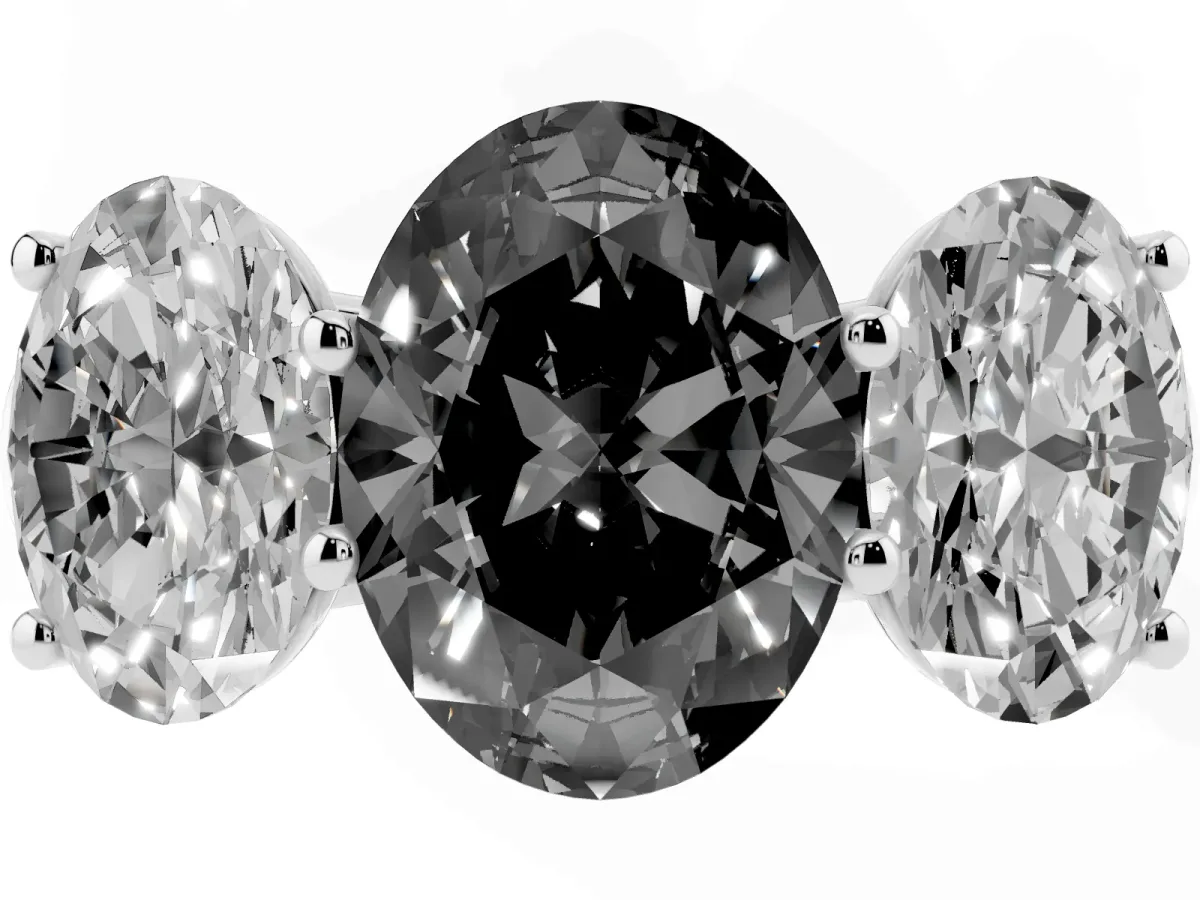 Fancy Black Oval Cut Three-Stone Diamond Ring with Prong Setting on a Classic Band Platinum
