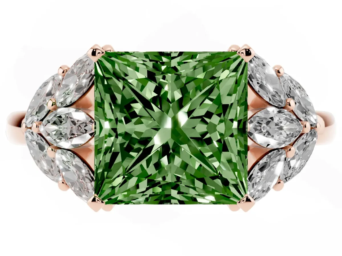 Fancy Green Princess Cut Diamond Cluster Leaf Design Ring with Prong Setting Rose gold