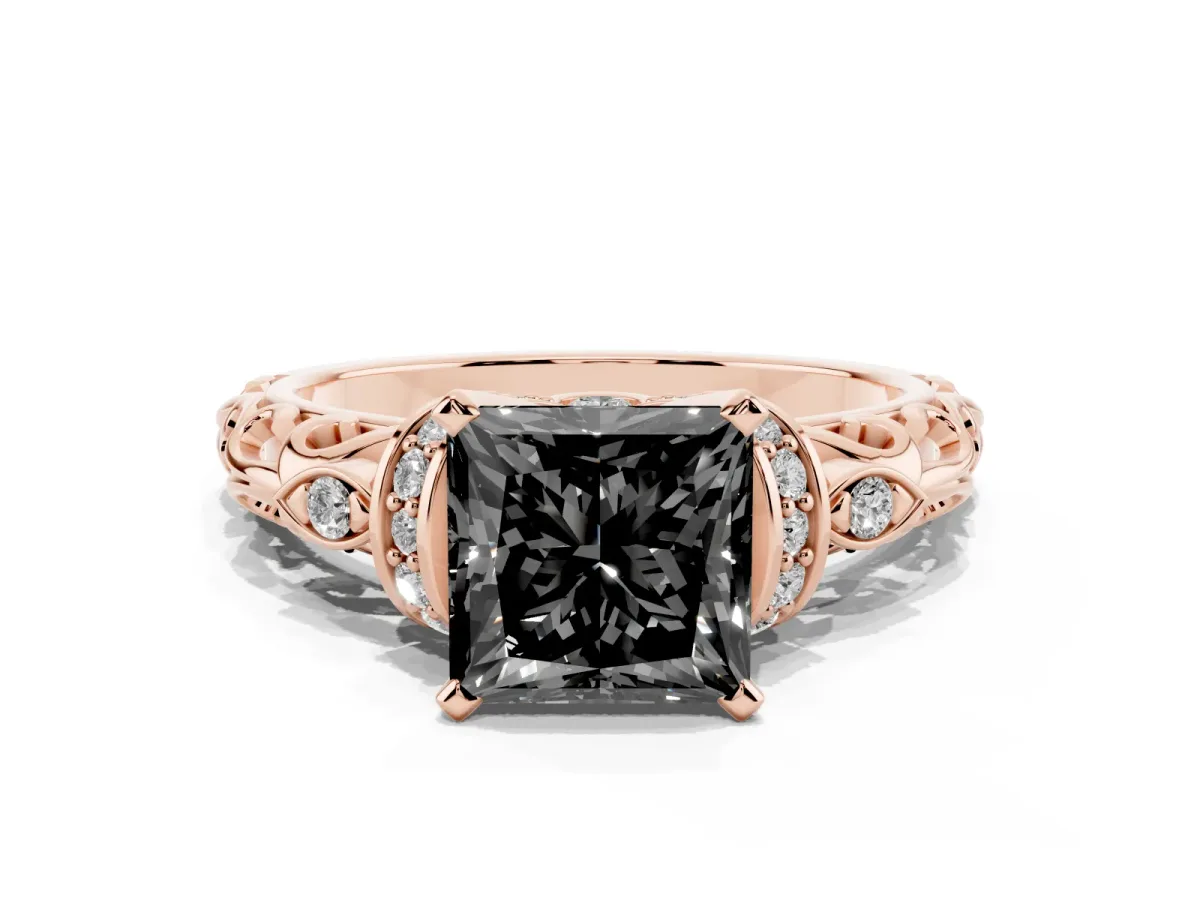 Fancy Black Princess Cut Diamond Solitaire Ring with Filigree Band and Four-Prong Setting Rose gold
