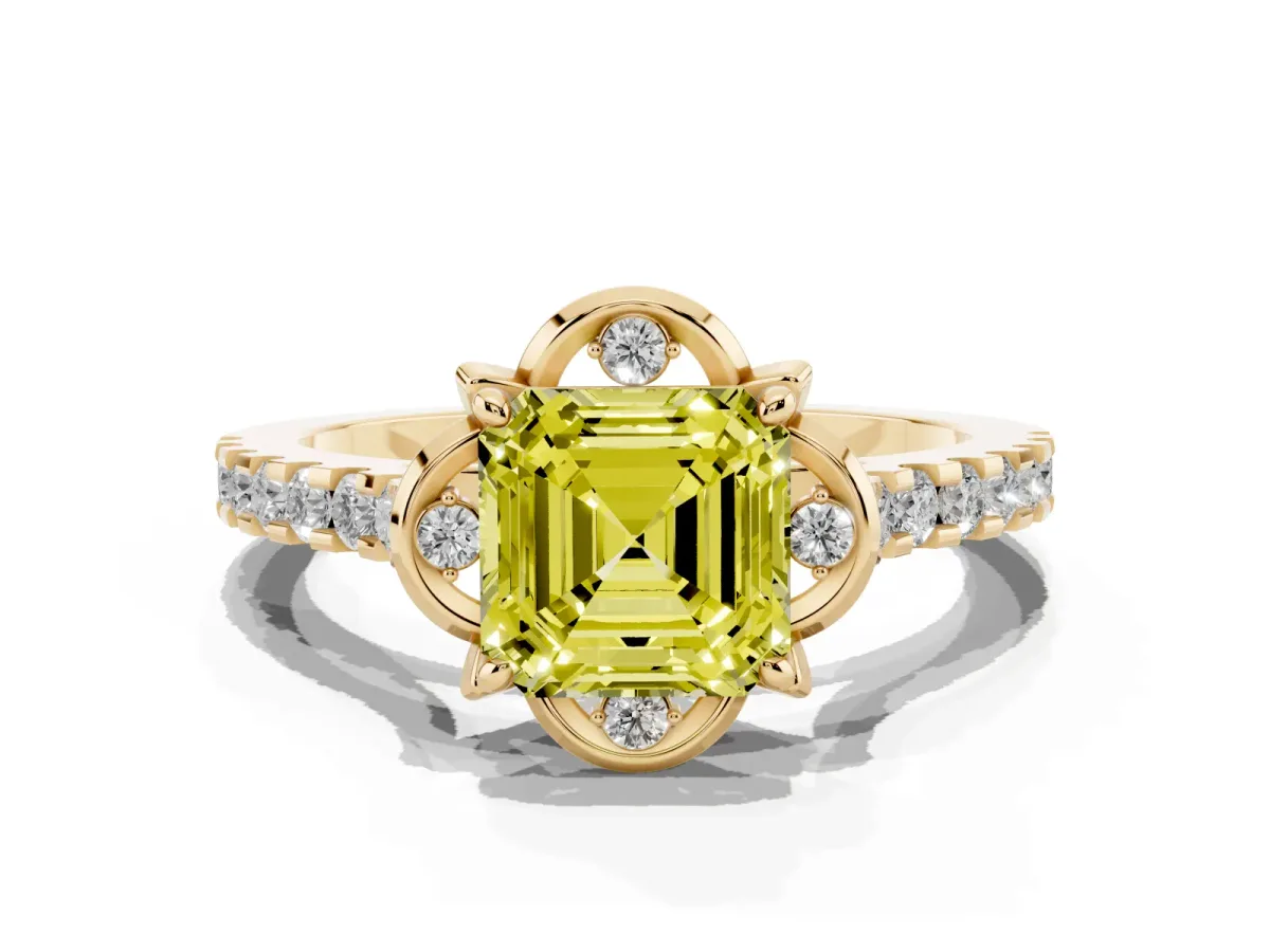 Fancy Yellow Asscher Cut Diamond Ring with Pavé Band and Floral Prong Setting Yellow gold