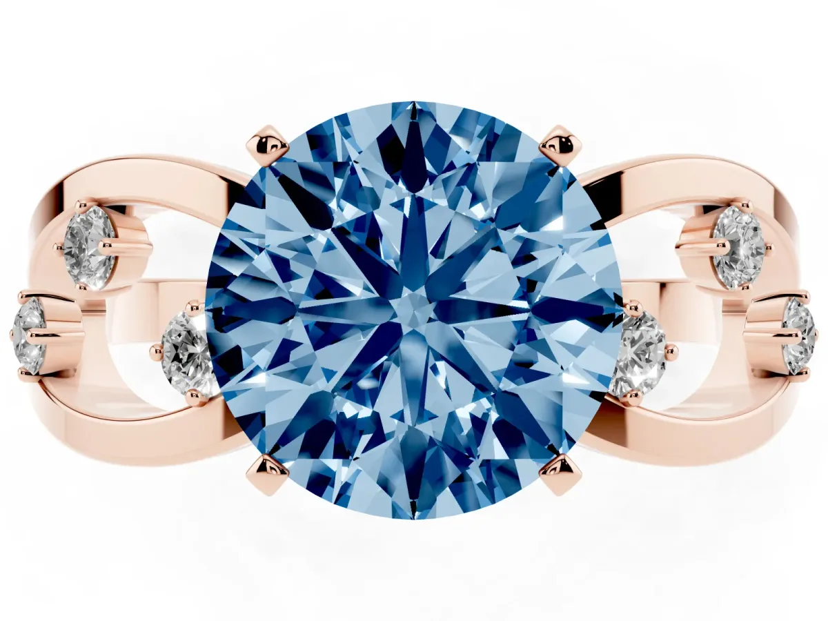 Fancy Blue Round Cut Cut Solitaire Diamond with Side Stones on Criss-Cross Band and Four-Prong Setting Rose gold