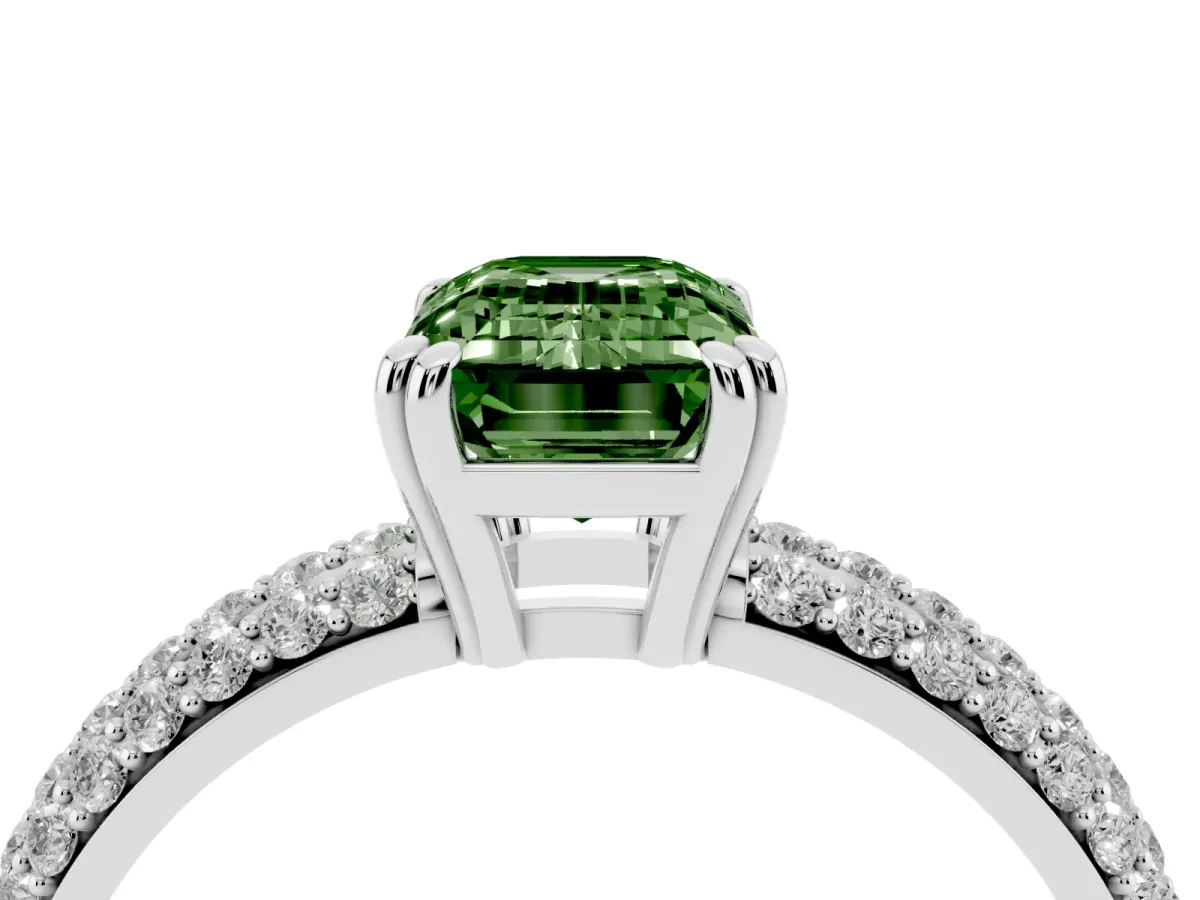 Fancy Green Emerald Cut Diamond Solitaire Ring with Multi-Row Round Pavé Band and Prong Setting Silver