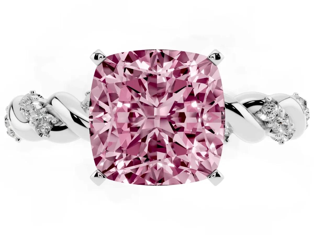 Fancy Pink Cushion Cut Diamond Solitaire Ring with Twisted Band and Pavé Accents Platinum
