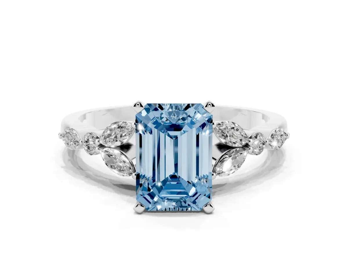 Fancy Blue Emerald Cut Diamond Solitaire Ring with Side Stones and Four-Prong Setting Platinum