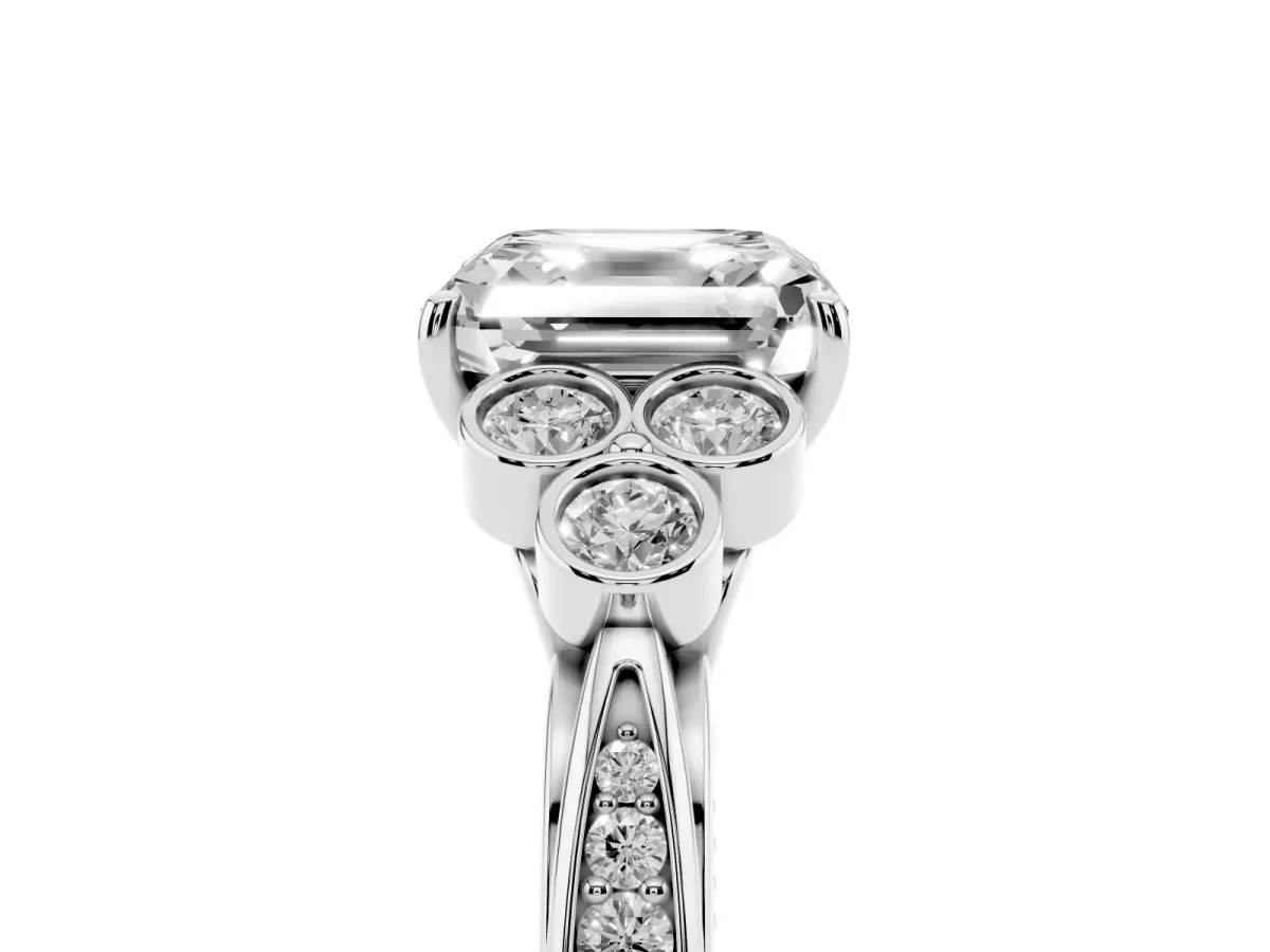Asscher Cut Cut Diamond Engagement Ring with Bezel Set Round Side Stones and Prong Setting White gold