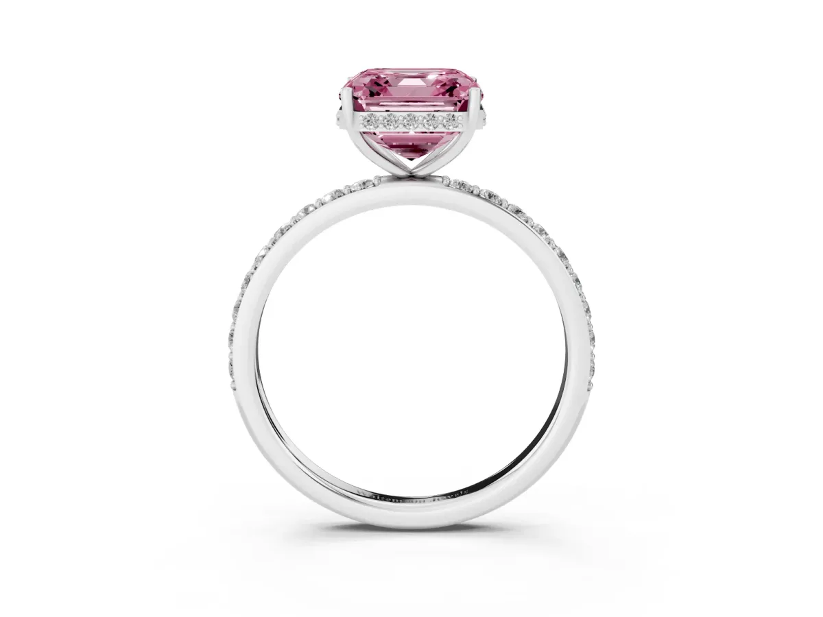 Fancy Pink Asscher Cut Diamond Solitaire Ring with Pavé Band and Hidden Halo Silver