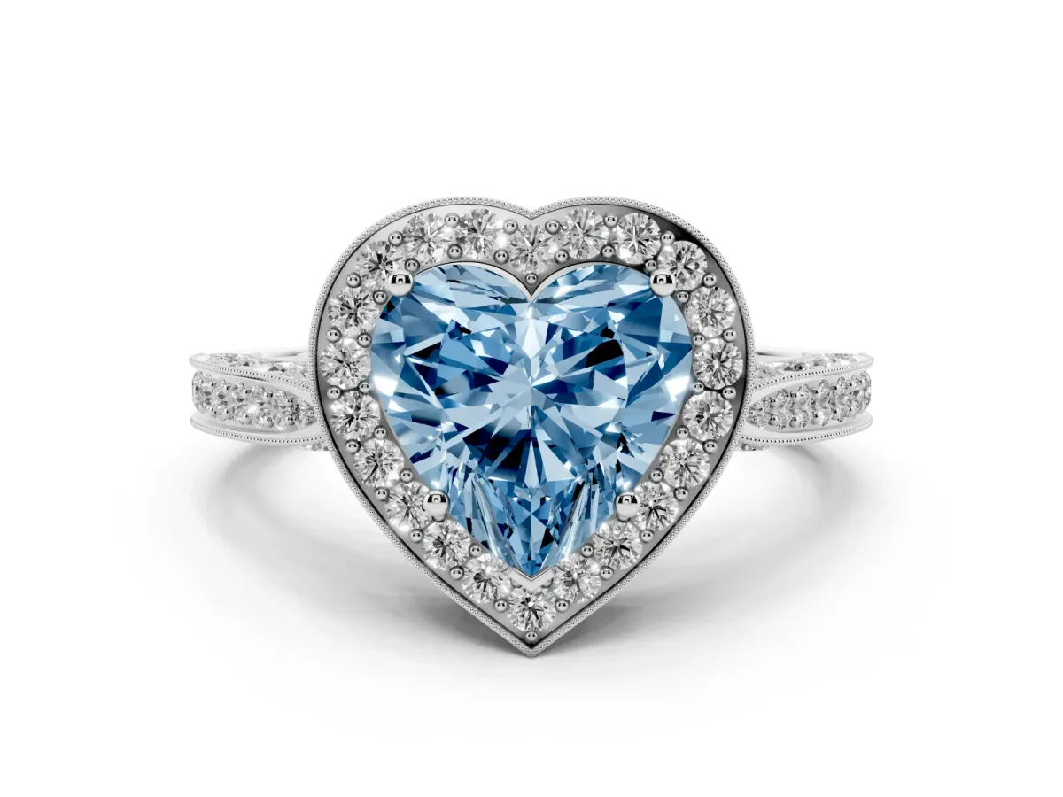 Fancy Blue Heart Cut Halo Diamond Engagement Ring with Split Shank Band and Four-Prong Setting Silver