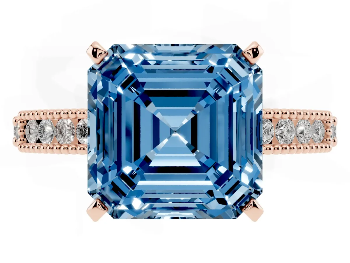 Fancy Blue Asscher Cut Solitaire with Pavé Band and Four-Prong Setting Rose gold