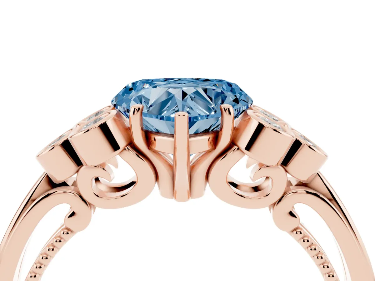 Fancy Blue Heart Cut Cut Diamond Engagement Ring with Bezel Set Round Side Stones and Prong Setting Rose gold