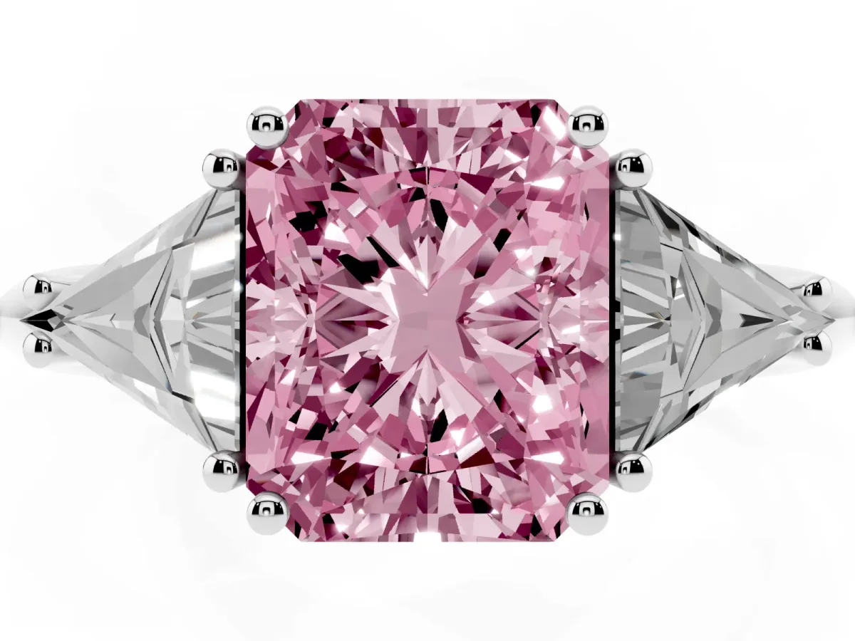 Fancy Pink Three-Stone Radiant Cut Diamond Engagement Ring with Trillion Side Stones and Prong Setting White gold