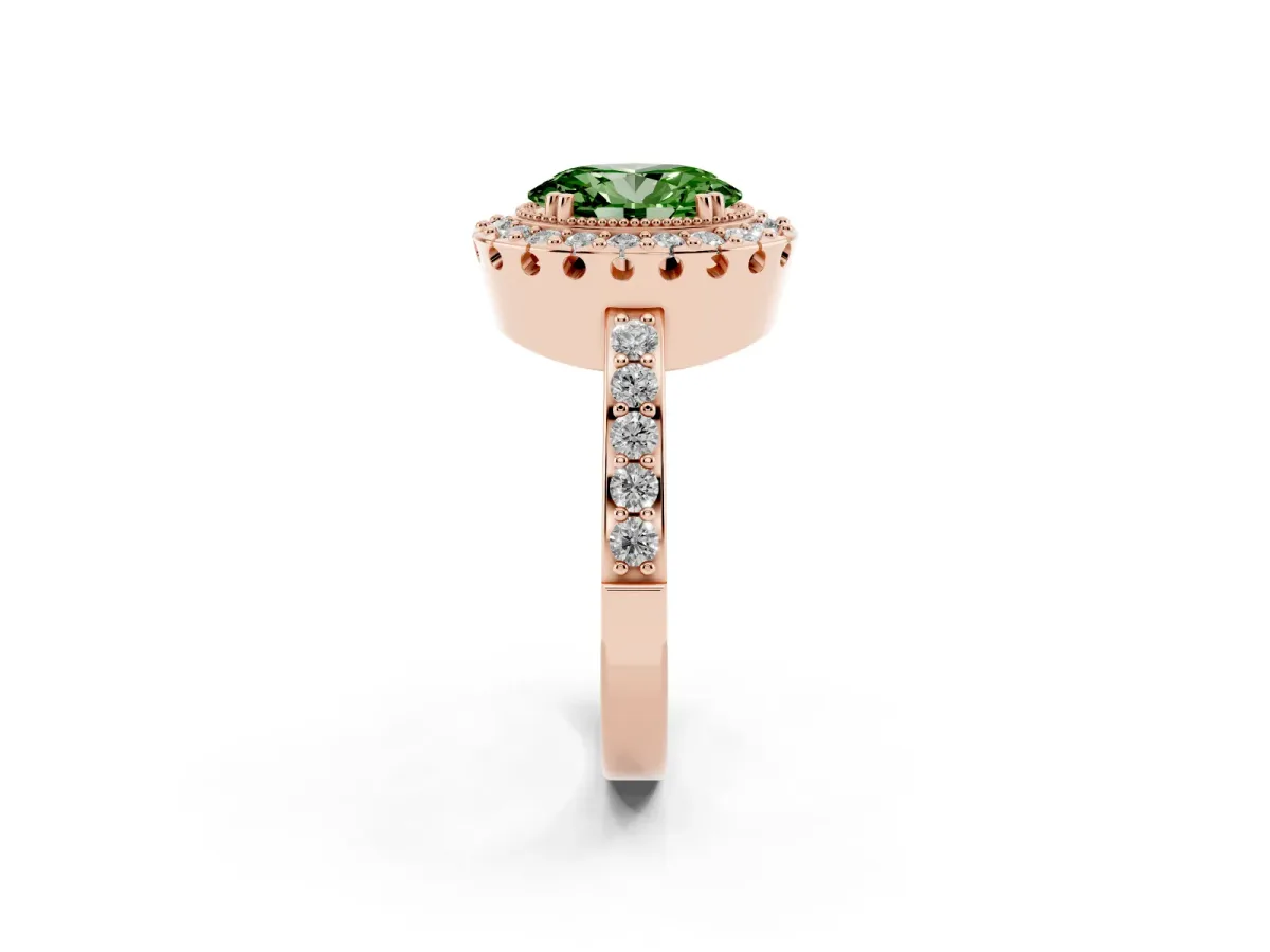 Fancy Green Oval Cut Diamond Halo Ring with Pavé Band and Prong Setting Rose gold