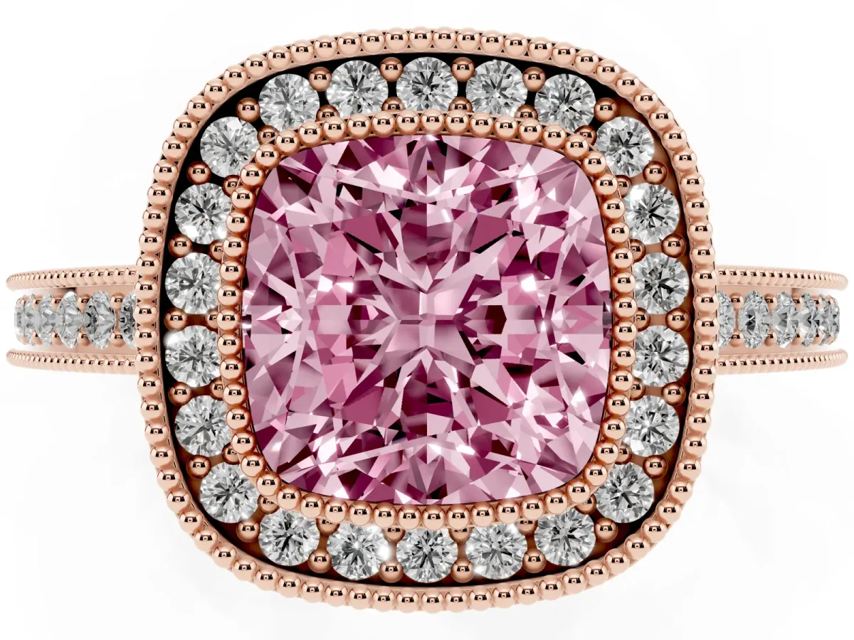 Fancy Pink Cushion Cut Cut Halo Diamond Ring with Pavé Band and Milgrain Prong Setting Rose gold