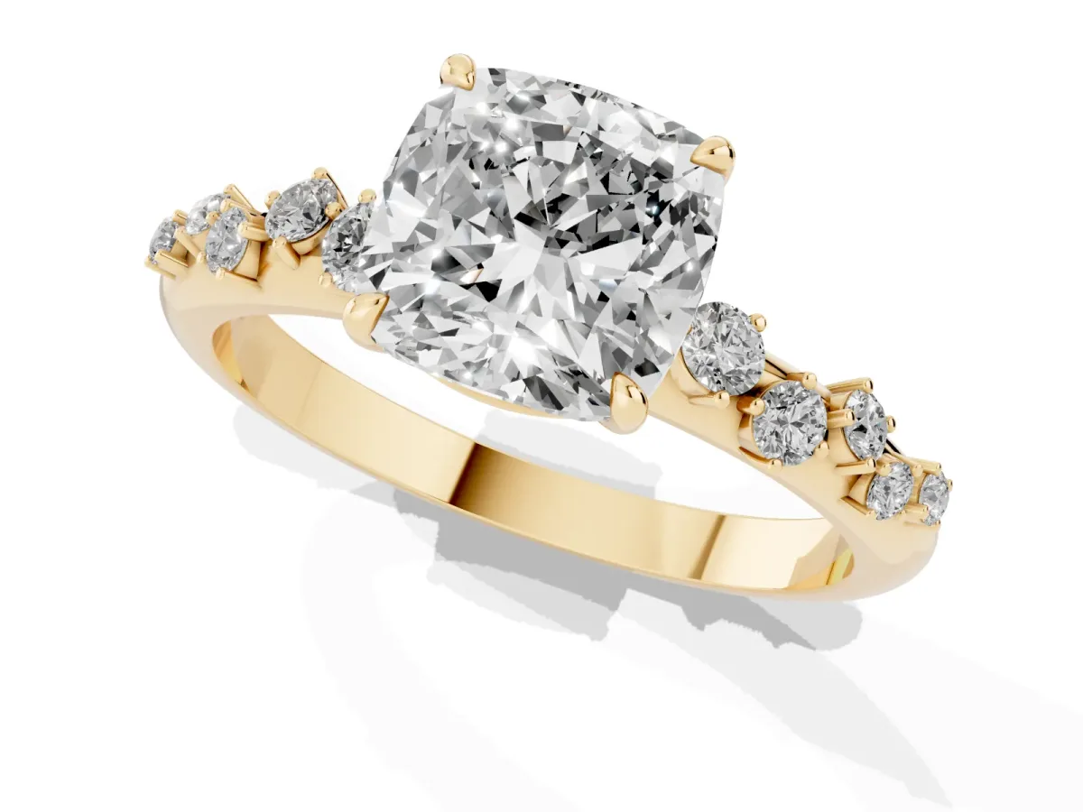Cushion Cut Diamond Cluster Prong-Set Solitaire Ring Yellow gold