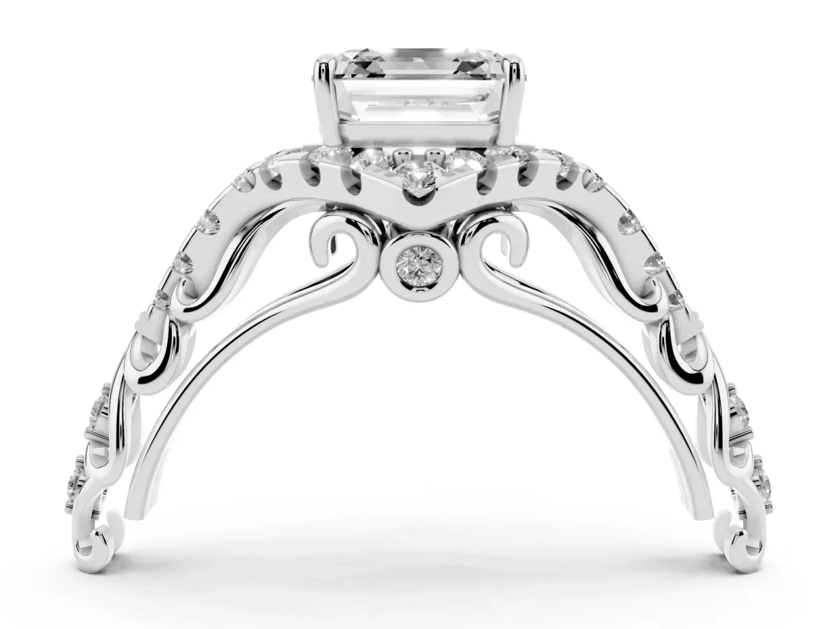 Asscher Cut Diamond Solitaire Ring with Hidden Halo and Pavé Band Platinum
