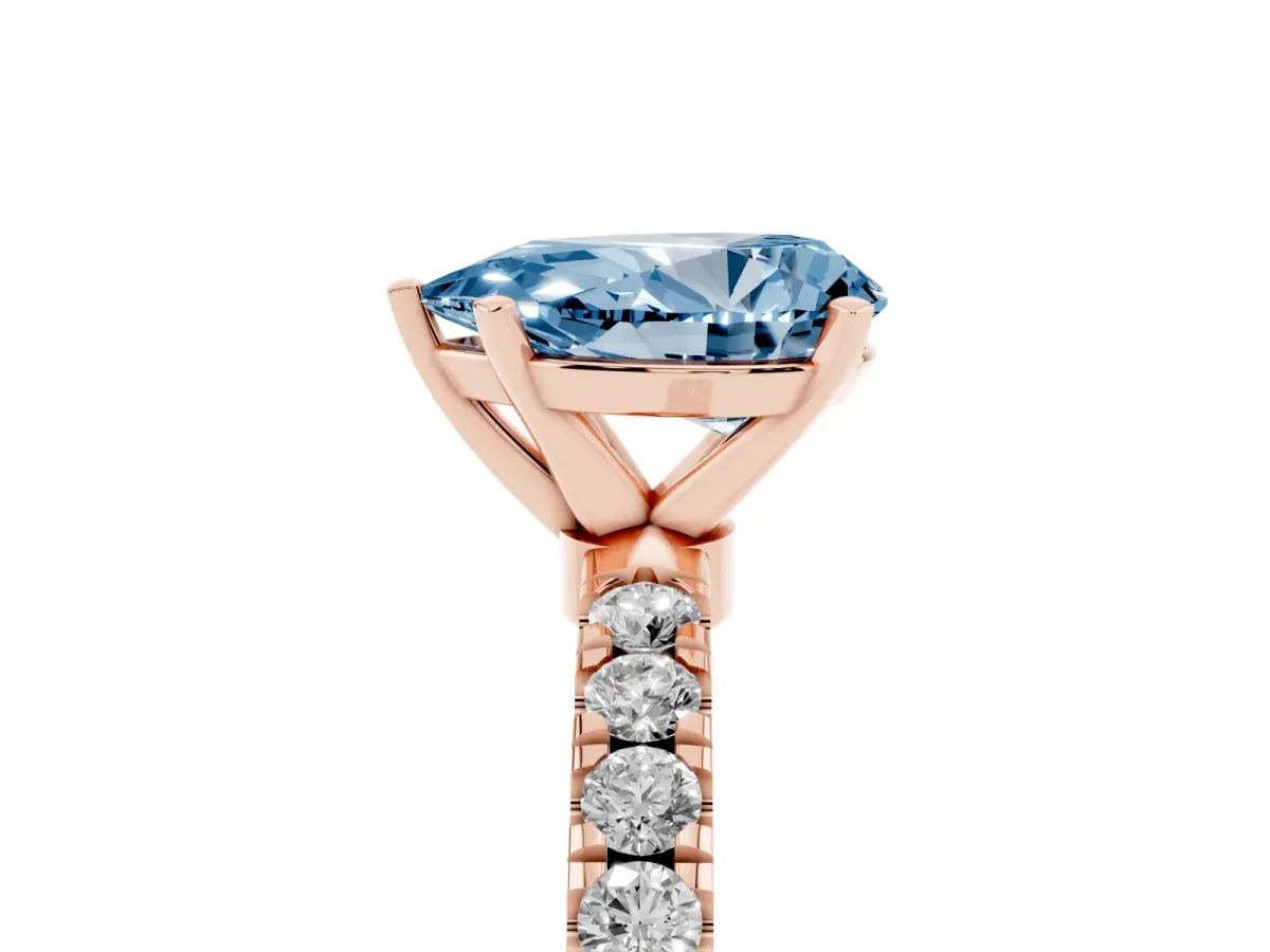 Fancy Blue Pear Cut Diamond Solitaire Ring with Pavé Accents and Four-Prong Setting Rose gold